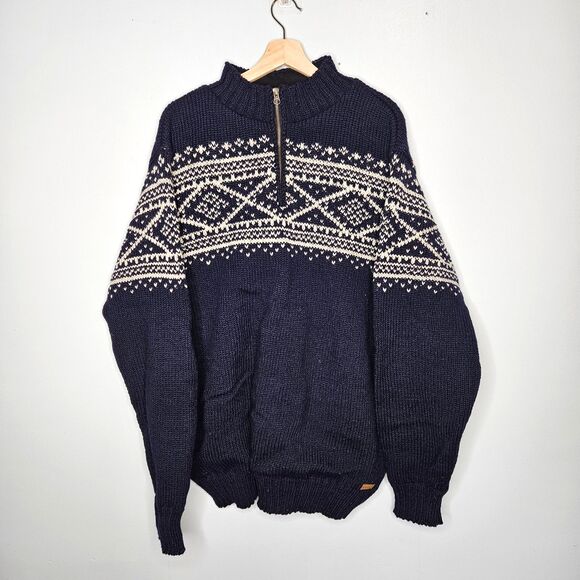 LAUNDROMAT Lined Wool Sweater Mens XL Blue White Chunky Knit Heavyweight 1/4 Zip - Picture 1 of 8